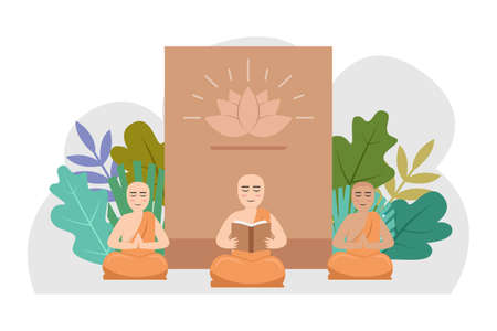 Buddha vector concept: The monks reading holy book while doing meditation togetherのイラスト素材