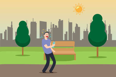 Dehydration vector concept: Young man is dehydrated walking in heat outdoor while holding a bottle of waterのイラスト素材
