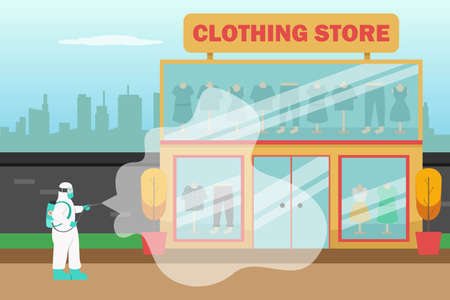 Disinfectant vector concept: Young man spraying disinfectant in the clothing store while wearing protective suitのイラスト素材