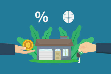 Cryptocurrency vector concept: Person buying a new house with bitcoinのイラスト素材