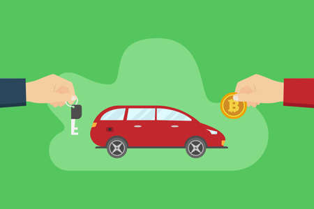 Cryptocurrency vector concept: Person buying a new car with bitcoinのイラスト素材