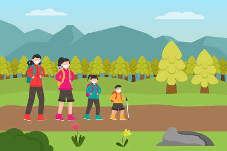 New normal vector concept: Young parents and their children hiking together while wearing face mask in new normalのイラスト素材