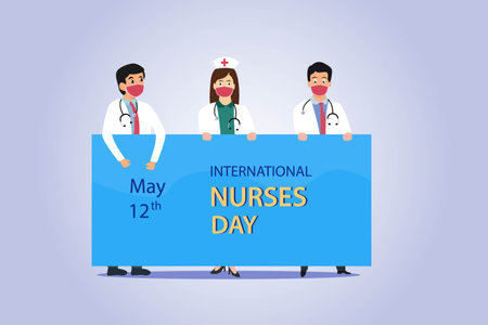 International Nurses Day vector concept. Nurses wearing face mask and holding a banner with International Nurses Day textのイラスト素材