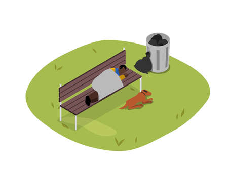 Homeless vector concept. Homeless man sleeping on the bench with a stray dog in the parkのイラスト素材