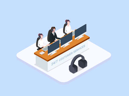 Call center vector concept. Three call center operators working with headphone and computer in the office while giving 24 hours serviceのイラスト素材