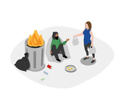Homeless donation vector concept. Young woman giving a plastic bag of foods to homeless near the dirty garbageのイラスト素材