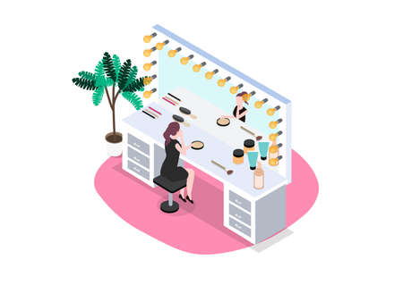 Young woman applying foundation makeup while sitting in the backstage roomのイラスト素材