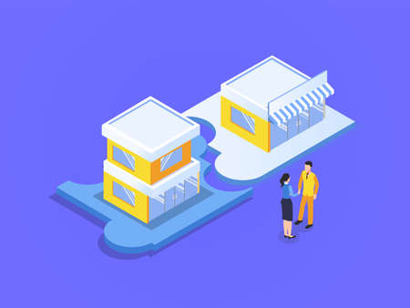 Teamwork agreement vector concept. Two owner store handshaking together while standing with two store buildings on the puzzle piecesのイラスト素材