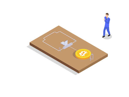 Business trap vector concept. Young businessman running to take bitcoin in mouse trapのイラスト素材