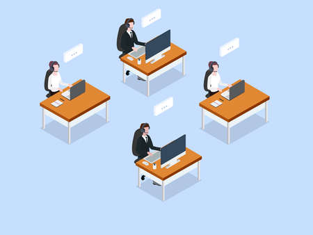 Call center vector concept. Group of call center operators working with headphone and computer while sitting together in the officeのイラスト素材