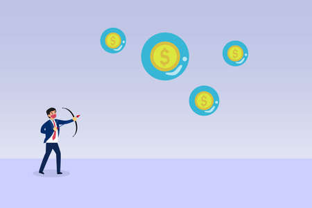 Economy crisis concept. Male manager wearing face mask while using bow and arrow to bursting bubbles with gold coinのイラスト素材