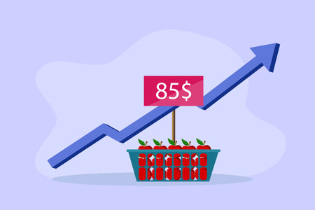 Increasing food prices concept. Basket full of red apples with price tag in upward arrow backgroundのイラスト素材