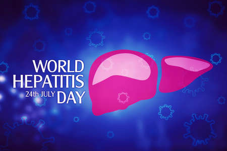 Close up of liver organ symbol with world hepatitis day text and virusの写真素材
