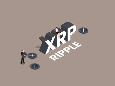 Cryptocurrency vector concept. Two business people trading Cryptocurrency while standing with Ripple coinのイラスト素材