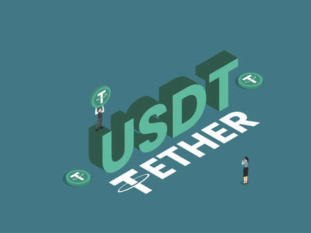 Cryptocurrency vector concept. Two business people doing Cryptocurrency investment while standing with Tether coinsのイラスト素材