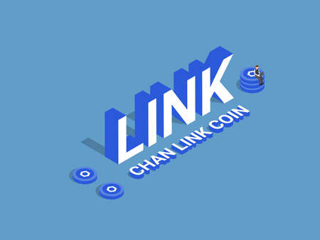Cryptocurrency vector concept. Young businessman using a laptop while sitting on chainlink coins