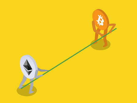 Cryptocurrency vector concept. Bitcoin competing in tug of war competition with Ethereum