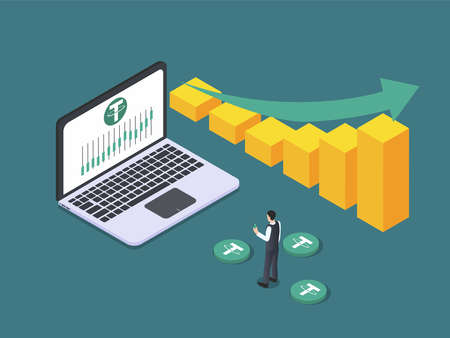 Cryptocurrency vector concept. Businessman using a laptop while standing with growth Tether price graphのイラスト素材