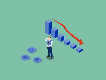 Cryptocurrency vector concept. Stressed businessman standing with declining Cardano price chart...