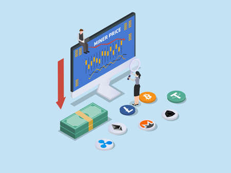 Cryptocurrency vector concept. Two business people looking at declining miner price graph on the computerのイラスト素材