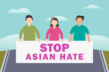 Stop asian hate vector concept: Group of demonstrators show stop asia hate text on the poster togetherのイラスト素材
