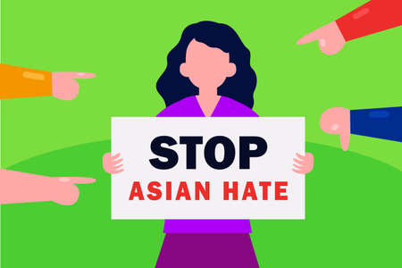 Stop asian hate vector concept: Young woman showing stop asian text on the poster while hands of people point of herのイラスト素材