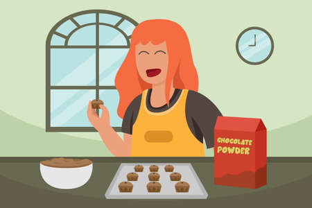 Making cake vector concept: Young woman making chocolate cake in the kitchen while enjoying leisure timeのイラスト素材