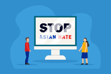 Stop asian hate vector concept: Young man and woman looking at stop asian hate text on the screenのイラスト素材