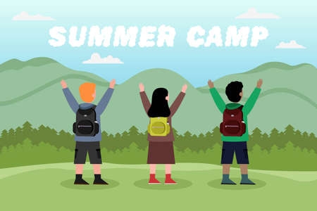 Summer camp vector concept: Group of students hiking together in the mountain while standing with summer camp textのイラスト素材