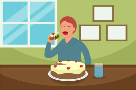 Unhealthy food vector concept: Young man eating a piece of cake while sitting at homeのイラスト素材