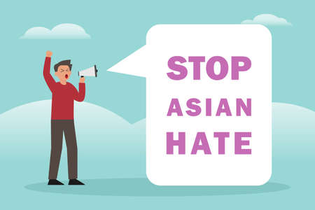 Stop asian hate vector concept: Young man shouting stop asian hate while using megaphoneのイラスト素材