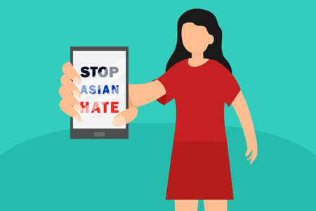 Stop asian hate vector concept: Young woman showing stop asian hate text on her cellphoneのイラスト素材