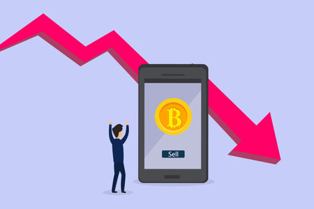 Bitcoin price down vector concept. Stressful businessman selling bitcoin with price drop arrow...