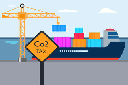 Carbon tax vector concepts. Carbon tax road sign with cargo ship loading container at the portのイラスト素材