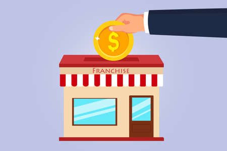 Franchise store vector concept. Businessperson investing money to franchise store by putting coins into a storeのイラスト素材