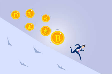 Bitcoin price down vector concept. Businessman run away from falling crypto currencyのイラスト素材