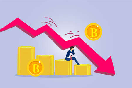Bitcoin price down vector concept. Stressful businessman sitting on the stack of bitcoin with declining graphのイラスト素材