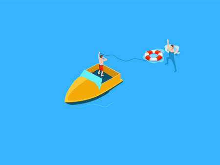 Drowning isometric vector concept. Man helping drowning person with a buoy and boat on the seaのイラスト素材