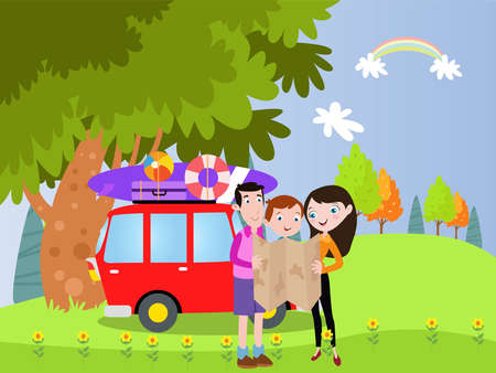 Happy family cartoon character traveling by car and looking at road mapのイラスト素材