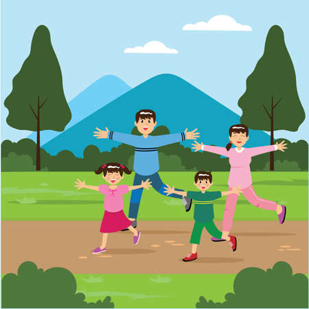 Happy family in nature concept: Happy Father, Mother, son and daughter playing in nature vector illustrationのイラスト素材
