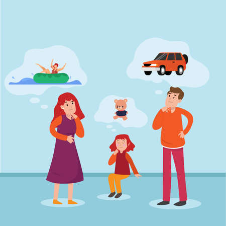 Family wishful thinking concept: Happy Father, Mother, and daughter wishful thinking vector illustrationのイラスト素材