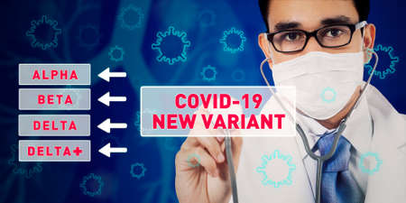 Male doctor using a stethoscope to touching Covid-19 new variants text on the virtual screenの写真素材