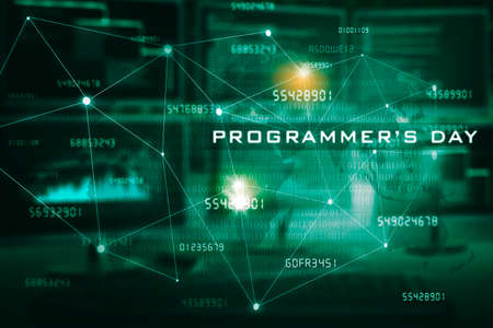 Double exposure of International Programmer's day text in cyberspace with connection network and...