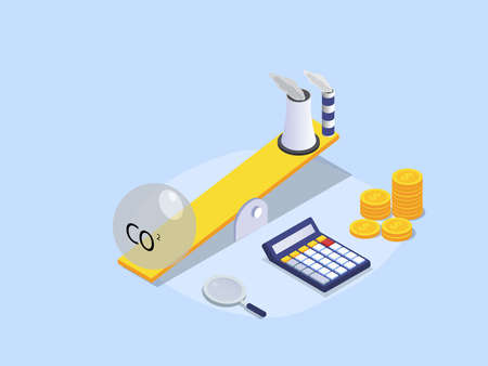 Carbon tax isometric vector concept. CO2 or carbon tax on the scales with factory chimney smokes and calculatorのイラスト素材