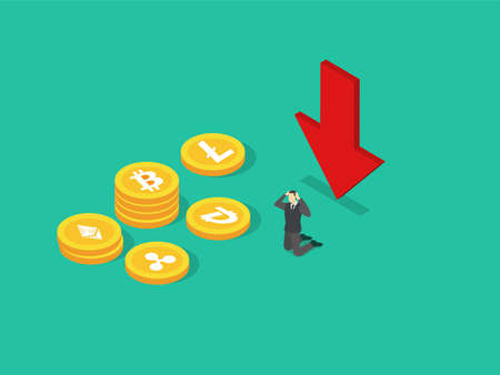 Cryptocurrency isometric vector concept. Stressful businessman with declining arrow of cyptocurrency...