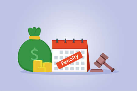 Penalty vector concept. Calendar with Penalty text, money bag, and justice gavelのイラスト素材