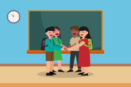Cooperation vector concept: Group of students join hands together while standing in the classroomのイラスト素材