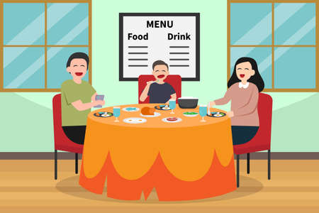 Quality time vector concept: Young parents and little boy eat together in the restaurant while enjoying quality time togetherのイラスト素材