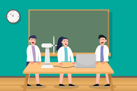 Observation vector concept: Group of young students doing observation in laboratory together while wearing lab coatのイラスト素材