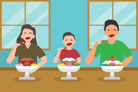 Quality time vector concept: Happy family eating ice cream together at home while enjoying leisure timeのイラスト素材